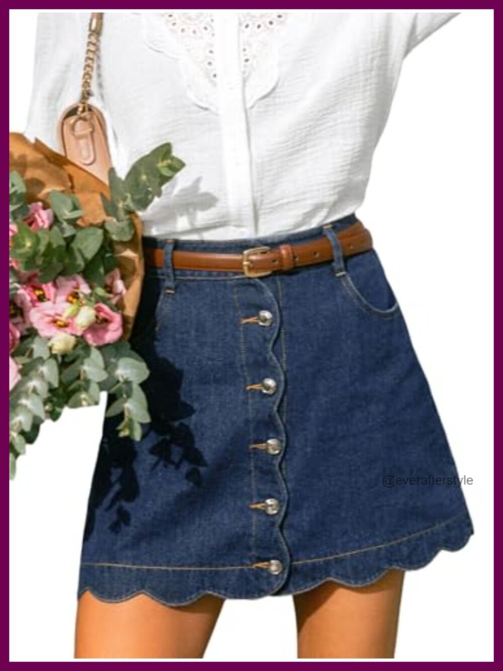 Women's Denim Mini Skirt Button Front A-Line Scalloped 90% Cotton